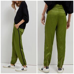 Anthropologie Diandra Pleated Satin Joggers Green Side Stripe Size US 6